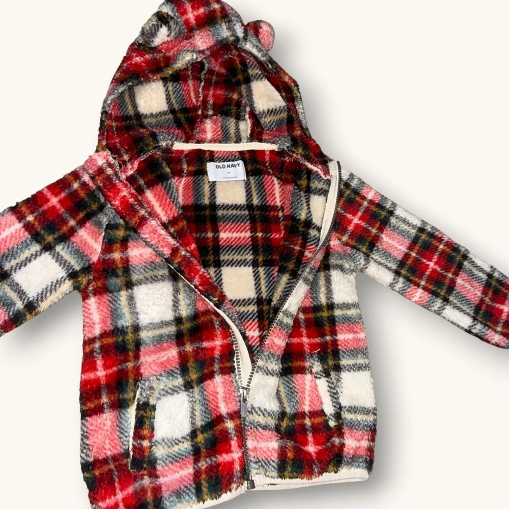 Old Navy Toddler Fleece Red Green Plaid Bear Ear Hooded‎ Jacket Zip Up Size 5T